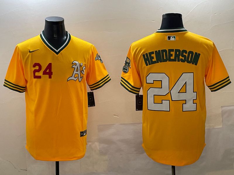 Men Oakland Athletics #24 Henderson Yellow Throwback Game 2025 Nike MLB Jersey style 2